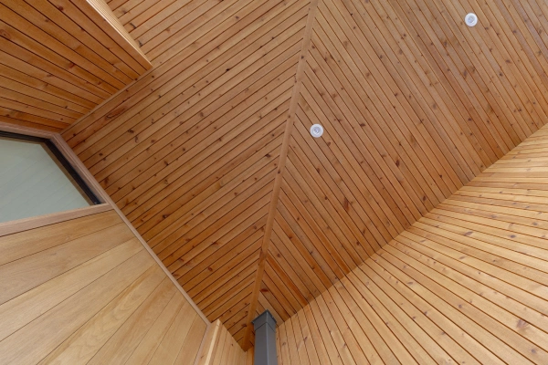 Detaljbild på träpanel i betsad kärnfura